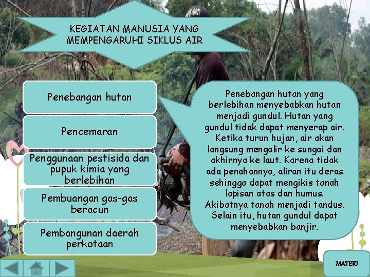 KEGIATAN MANUSIA YANG MEMPENGARUHI SIKLUS AIR Penebangan hutan Pencemaran Penggunaan pestisida dan pupuk kimia