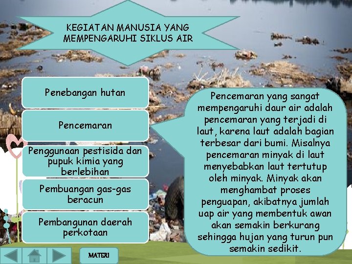 KEGIATAN MANUSIA YANG MEMPENGARUHI SIKLUS AIR Penebangan hutan Pencemaran Penggunaan pestisida dan pupuk kimia