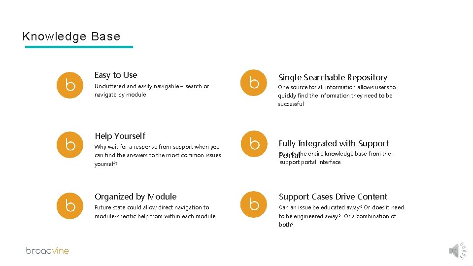 Knowledge Base Easy to Use Uncluttered and easily navigable – search or � navigate