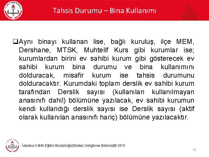 Tahsis Durumu – Bina Kullanımı q. Aynı binayı kullanan lise, bağlı kuruluş, ilçe MEM,