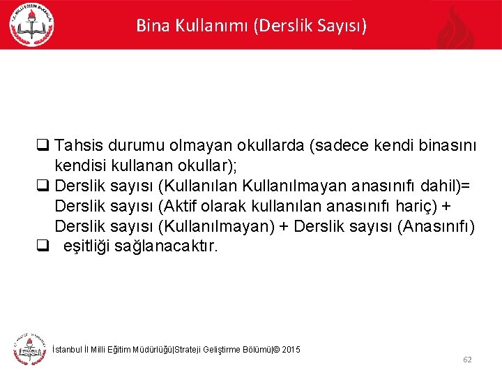 Bina Kullanımı (Derslik Sayısı) q Tahsis durumu olmayan okullarda (sadece kendi binasını kendisi kullanan