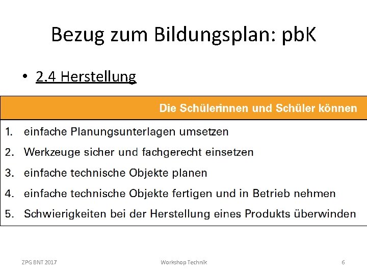 Bezug zum Bildungsplan: pb. K • 2. 4 Herstellung ZPG BNT 2017 Workshop Technik