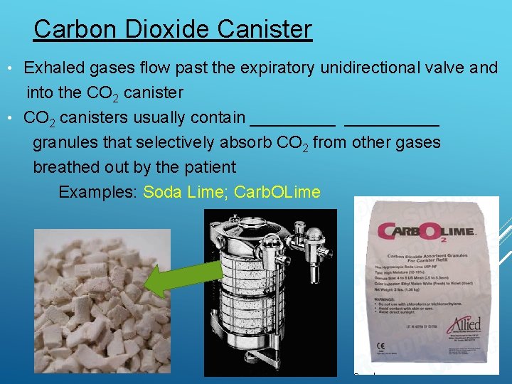 Carbon Dioxide Canister • Exhaled gases flow past the expiratory unidirectional valve and into