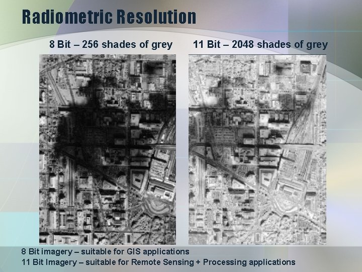 Radiometric Resolution 8 Bit – 256 shades of grey 11 Bit – 2048 shades