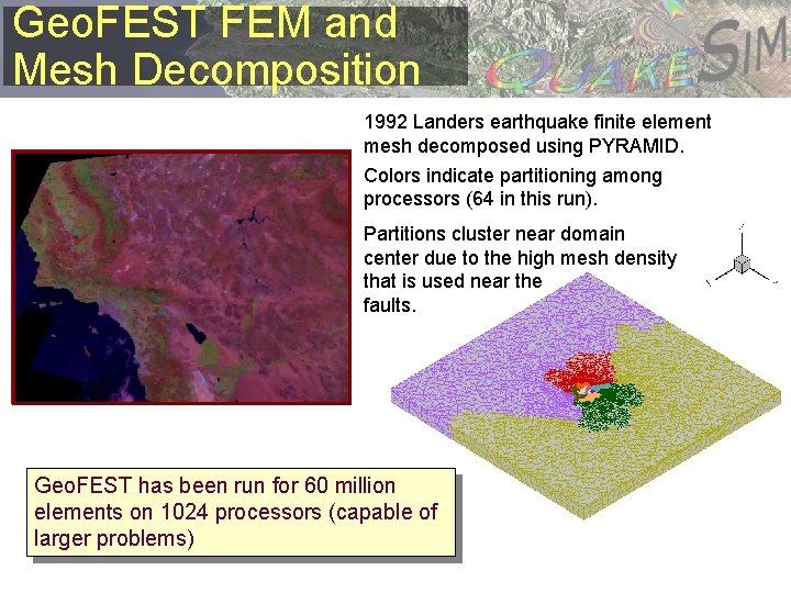 Geo. FEST FEM and Mesh Decomposition 1992 Landers earthquake finite element mesh decomposed using