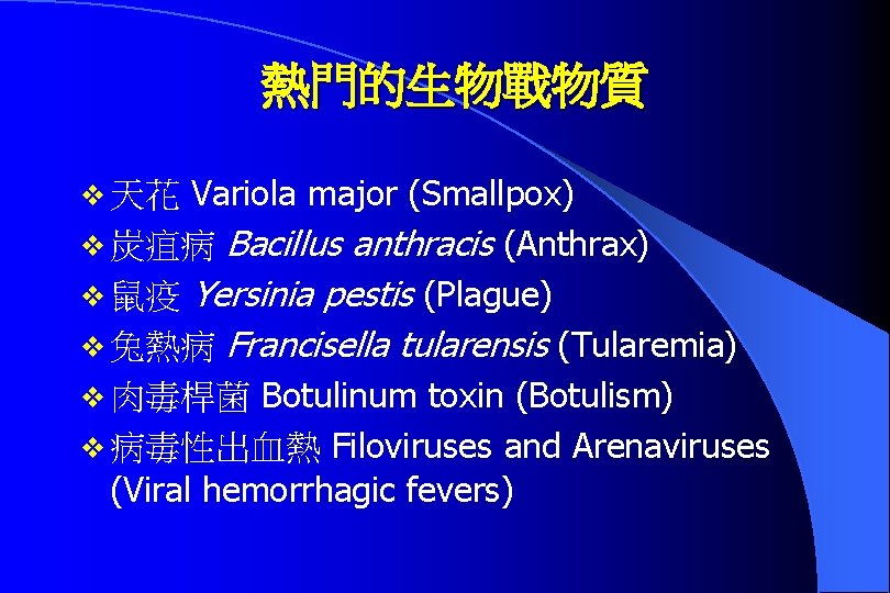 熱門的生物戰物質 Variola major (Smallpox) v 炭疽病 Bacillus anthracis (Anthrax) v 鼠疫 Yersinia pestis (Plague)