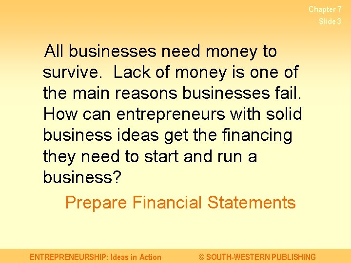 Chapter 7 Slide 3 All businesses need money to survive. Lack of money is