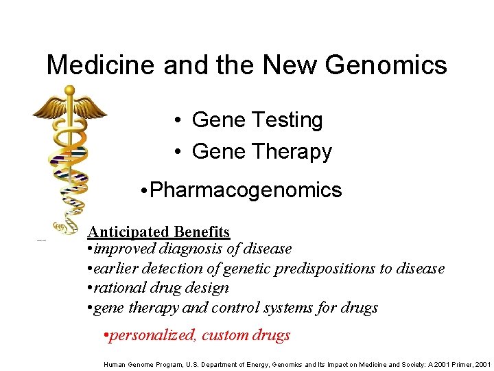 Medicine and the New Genomics • Gene Testing • Gene Therapy • Pharmacogenomics Anticipated Medicine and the New Genomics • Gene Testing • Gene Therapy • Pharmacogenomics Anticipated