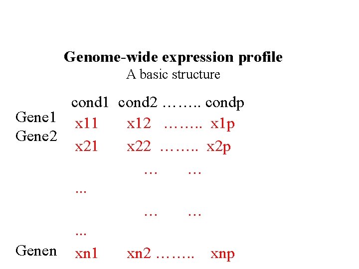 Genome-wide expression profile A basic structure cond 1 cond 2 ……. . condp Gene Genome-wide expression profile A basic structure cond 1 cond 2 ……. . condp Gene
