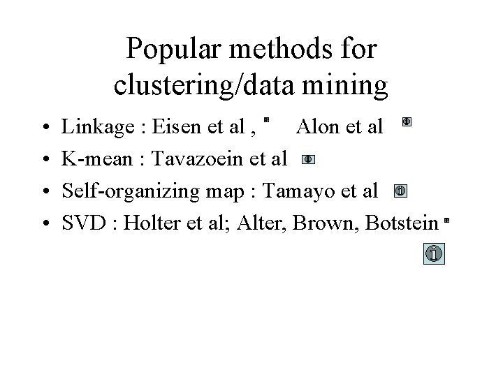 Popular methods for clustering/data mining • • Linkage : Eisen et al , Alon Popular methods for clustering/data mining • • Linkage : Eisen et al , Alon