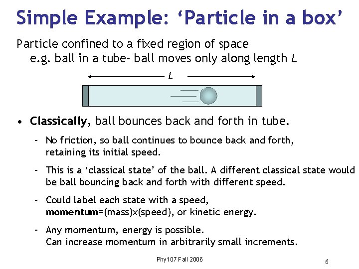 Simple Example: ‘Particle in a box’ Particle confined to a fixed region of space Simple Example: ‘Particle in a box’ Particle confined to a fixed region of space