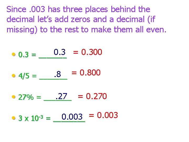 Since. 003 has three places behind the decimal let’s add zeros and a decimal