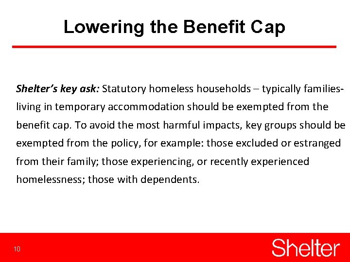 Lowering the Benefit Cap Shelter’s key ask: Statutory homeless households – typically familiesliving in