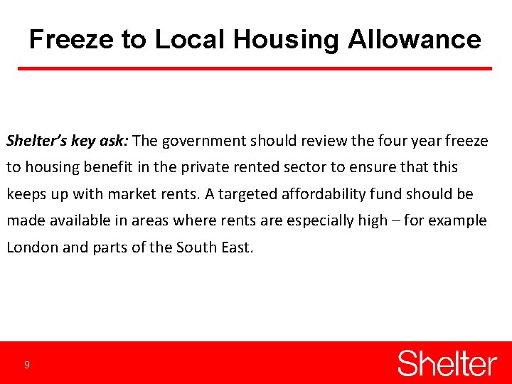 Freeze to Local Housing Allowance Shelter’s key ask: The government should review the four