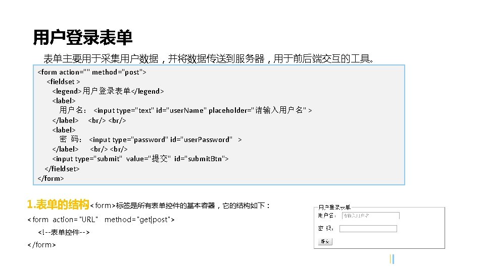 用户登录表单 表单主要用于采集用户数据，并将数据传送到服务器，用于前后端交互的 具。 <form action="" method="post"> <fieldset > <legend>用户登录表单</legend> <label> 用户名： <input type="text" id="user.