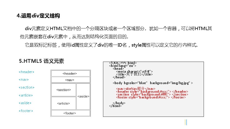 4. 运用div定义结构 div元素定义HTML文档中的一个分隔区块或者一个区域部分。犹如一个容器，可以将HTML其 他元素嵌套在div元素中，从而达到结构化页面的目的。 它是双标记标签，使用id属性定义了div的唯一ID名，style属性可以定义它的行内样式。 5. HTML 5 语义元素 <header> <nav> <section> <article> <aside>