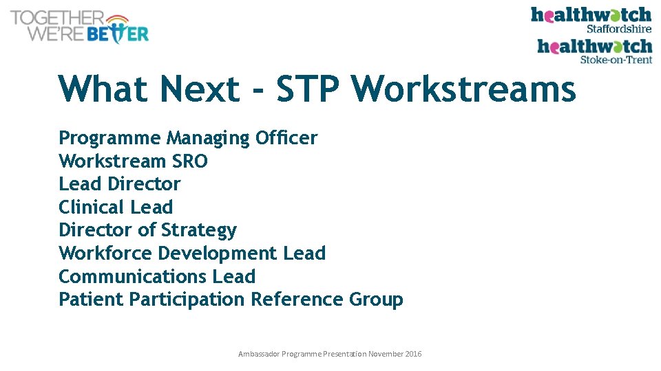 What Next - STP Workstreams Programme Managing Officer Workstream SRO Lead Director Clinical Lead