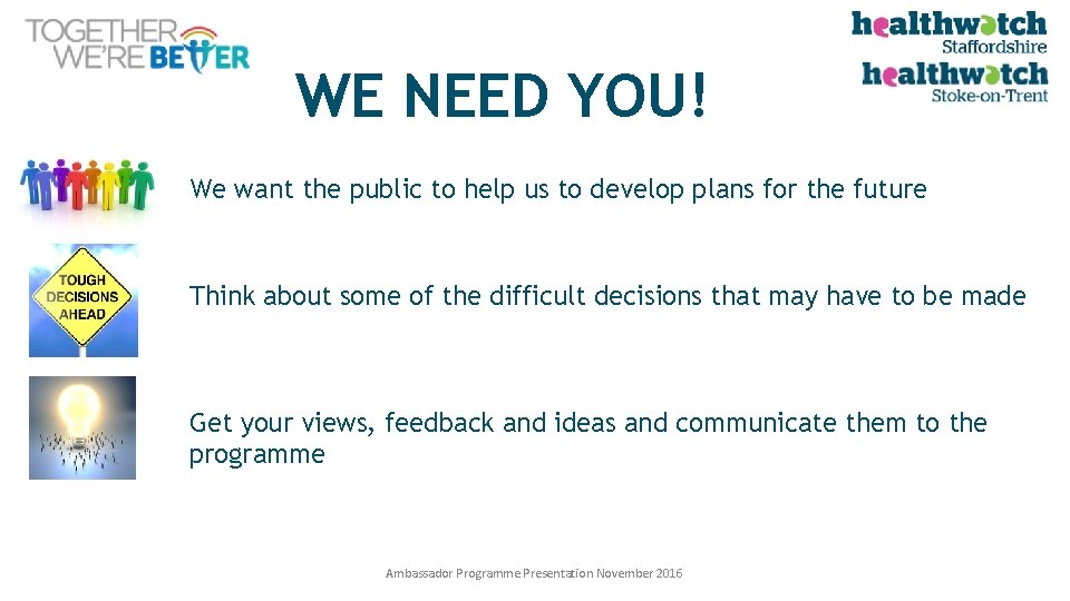 WE NEED YOU! We want the public to help us to develop plans for