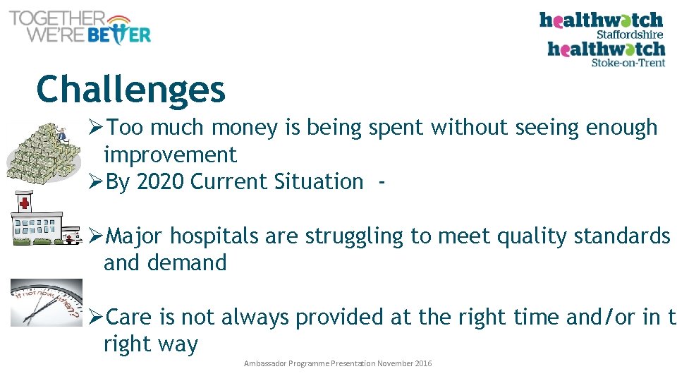 Challenges ØToo much money is being spent without seeing enough improvement ØBy 2020 Current
