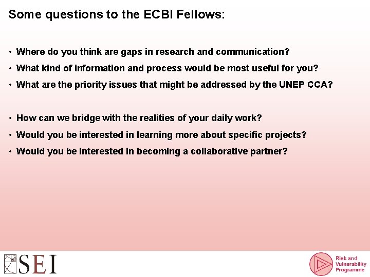 Some questions to the ECBI Fellows: • Where do you think are gaps in