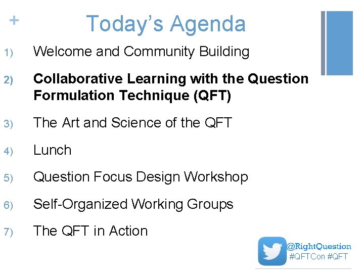 + Today’s Agenda 1) Welcome and Community Building 2) Collaborative Learning with the Question