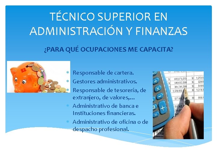 TÉCNICO SUPERIOR EN ADMINISTRACIÓN Y FINANZAS ¿PARA QUÉ OCUPACIONES ME CAPACITA? Responsable de cartera.