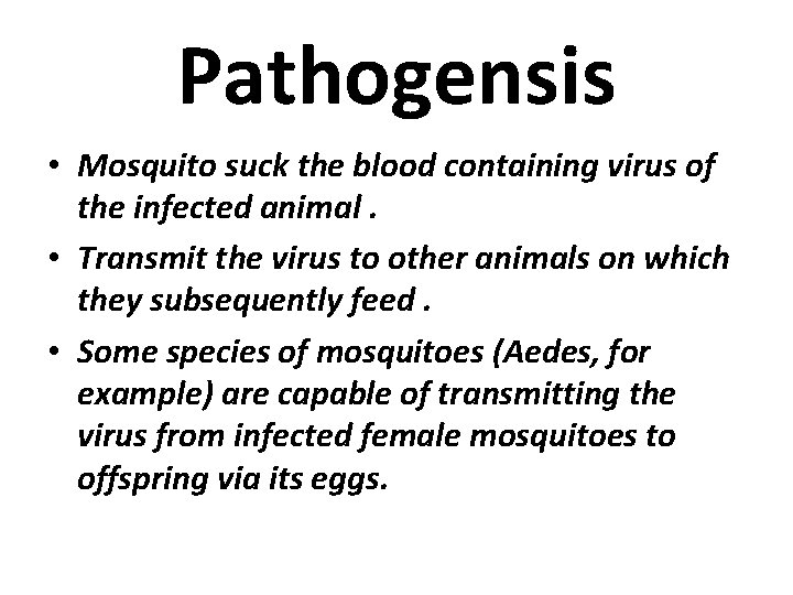 Pathogensis • Mosquito suck the blood containing virus of the infected animal. • Transmit