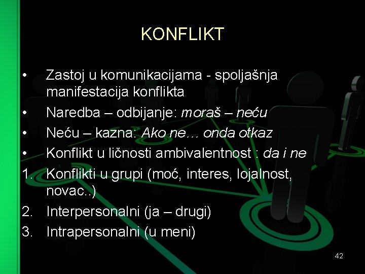 KONFLIKT • Zastoj u komunikacijama spoljašnja manifestacija konflikta • Naredba – odbijanje: moraš –