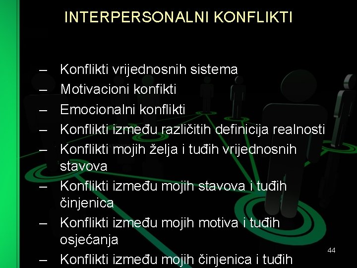 INTERPERSONALNI KONFLIKTI – – – Konflikti vrijednosnih sistema Motivacioni konfikti Emocionalni konflikti Konflikti između