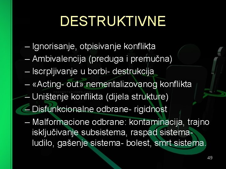 DESTRUKTIVNE – Ignorisanje, otpisivanje konflikta – Ambivalencija (preduga i premučna) – Iscrpljivanje u borbi