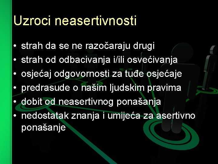 Uzroci neasertivnosti • • • strah da se ne razočaraju drugi strah od odbacivanja