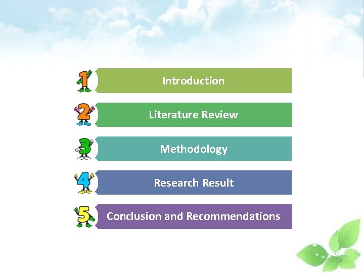 Introduction Literature Review Methodology Research Result Conclusion and Recommendations 14 