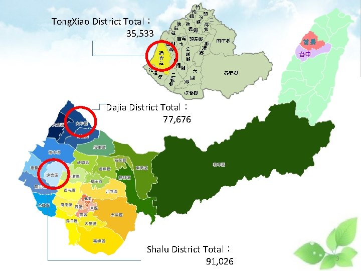 Tong. Xiao District Total： 35, 533 苗栗 Dajia District Total： 77, 676 Shalu District