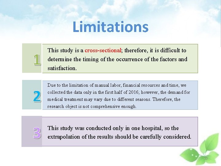 Limitations 1 This study is a cross-sectional; therefore, it is difficult to determine the