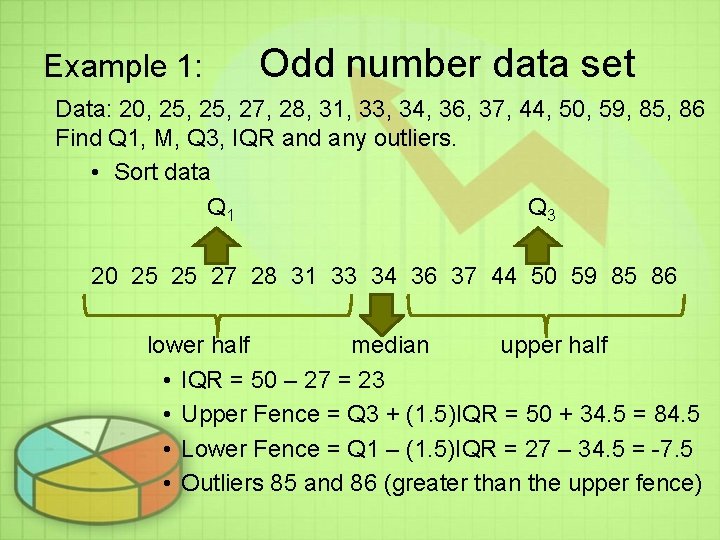 Example 1: Odd number data set Data: 20, 25, 27, 28, 31, 33, 34, Example 1: Odd number data set Data: 20, 25, 27, 28, 31, 33, 34,
