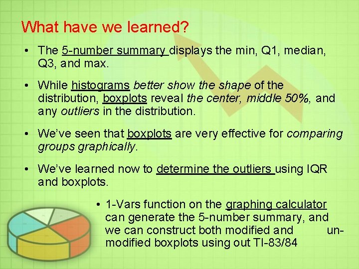 What have we learned? • The 5 -number summary displays the min, Q 1, What have we learned? • The 5 -number summary displays the min, Q 1,