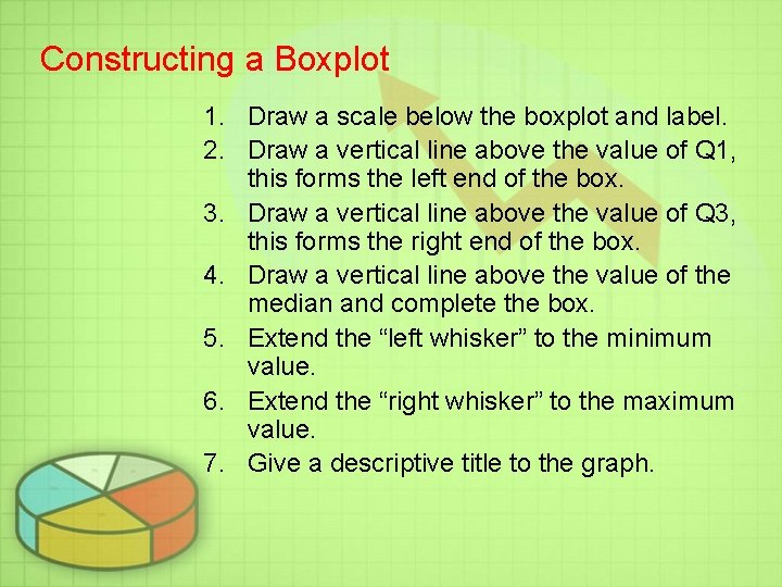 Constructing a Boxplot 1. Draw a scale below the boxplot and label. 2. Draw Constructing a Boxplot 1. Draw a scale below the boxplot and label. 2. Draw