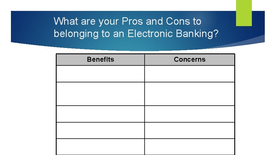 What are your Pros and Cons to belonging to an Electronic Banking? Benefits Concerns