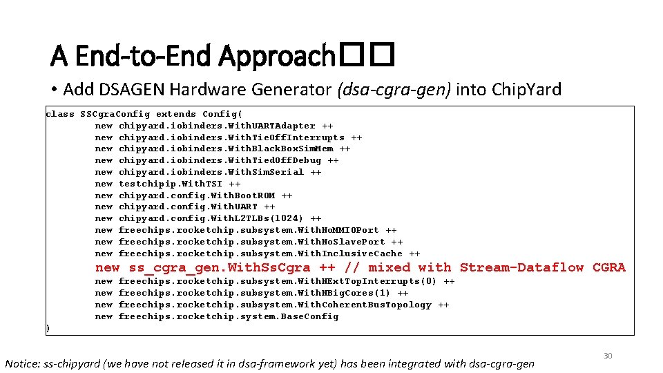 A End-to-End Approach�� • Add DSAGEN Hardware Generator (dsa-cgra-gen) into Chip. Yard class SSCgra.