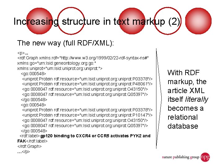 Increasing structure in text markup (2) The new way (full RDF/XML): <p>. . .