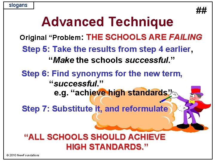 slogans Advanced Technique ## Original “Problem: THE SCHOOLS ARE FAILING Step 5: Take the