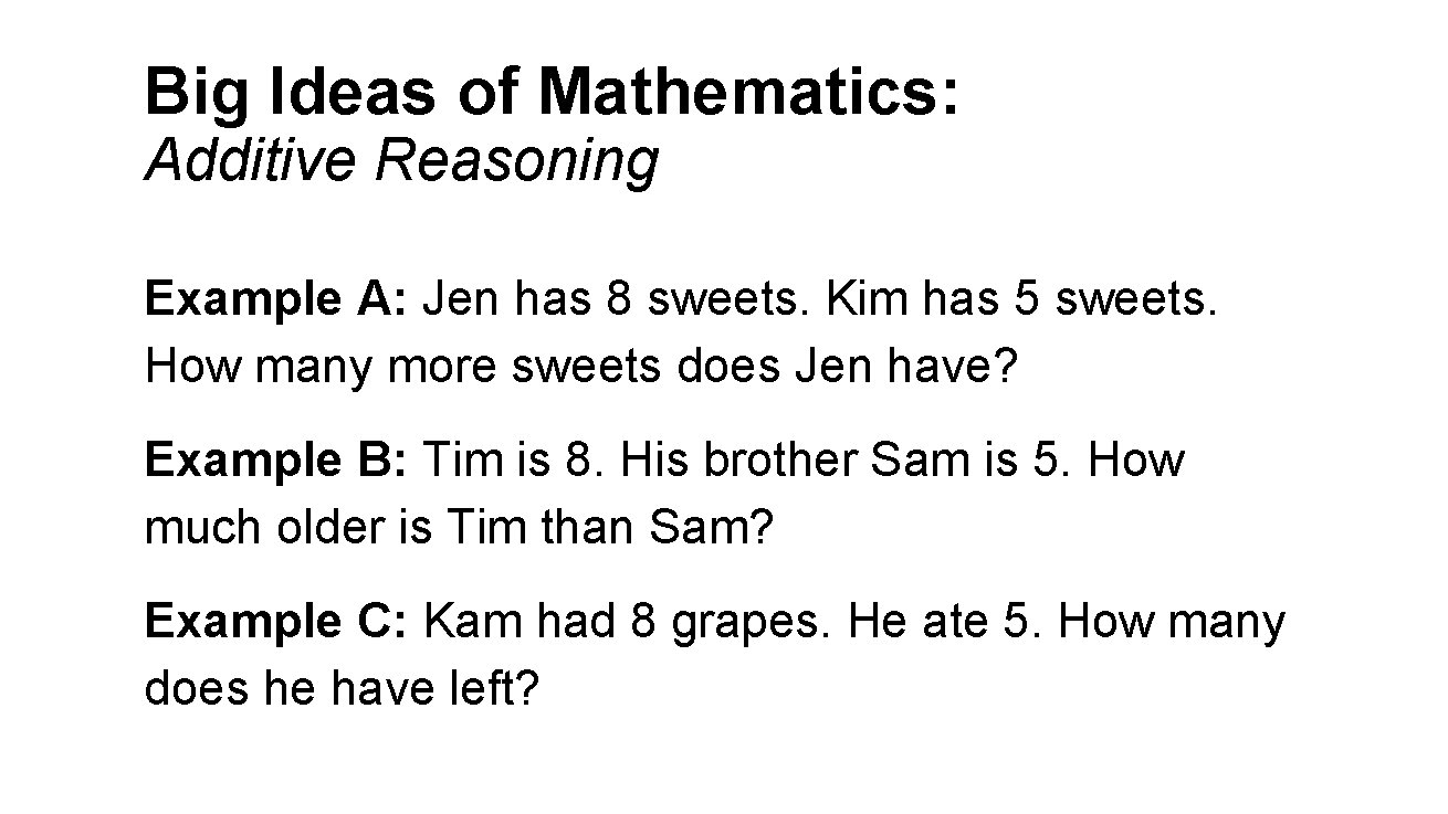 Big Ideas of Mathematics: Additive Reasoning Example A: Jen has 8 sweets. Kim has