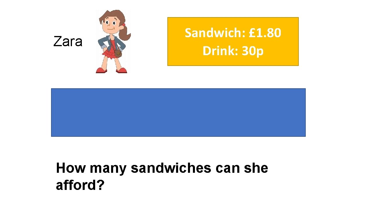 Zara Sandwich: £ 1. 80 Drink: 30 p Zara has £ 10. How many