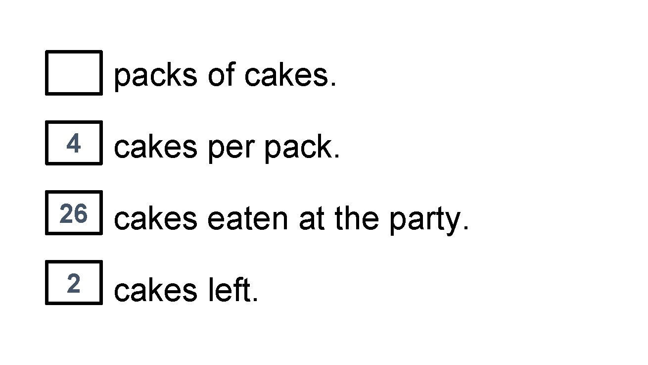 packs of cakes. 4 cakes per pack. 26 cakes eaten at the party. 2