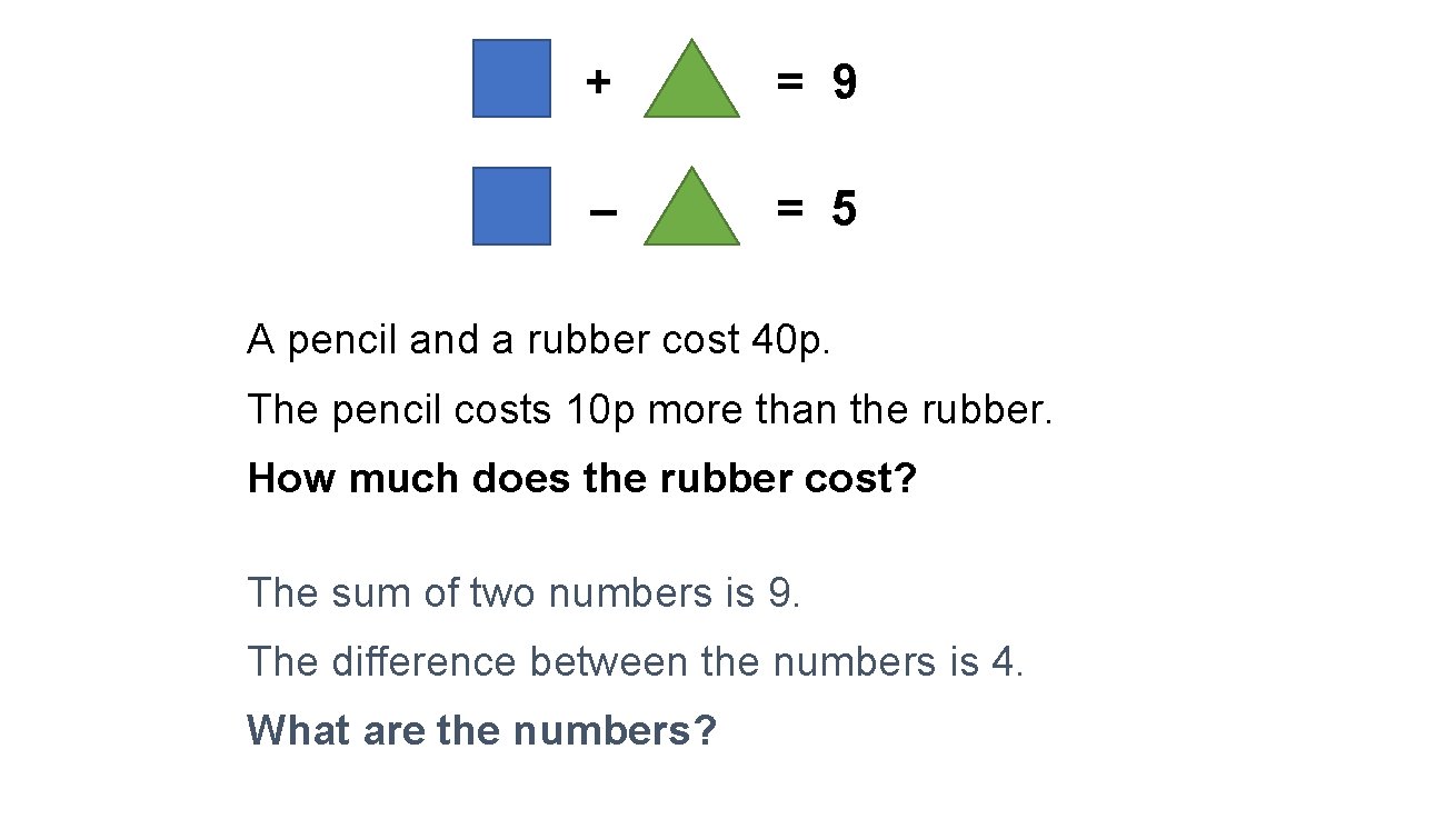 + = 9 – = 5 A pencil and a rubber cost 40 p.