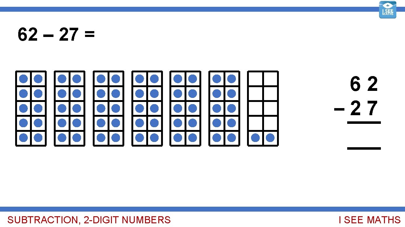 62 – 27 = 35 62 – 27 35 SUBTRACTION, 2 -DIGIT NUMBERS I