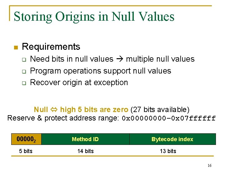 Storing Origins in Null Values n Requirements q q q Need bits in null