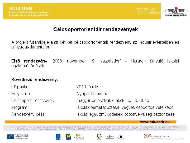 Célcsoportorientált rendezvények A projekt futamideje alatt két-két célcsoportorientált rendezvény az Industrieviertelben és a Nyugat-dunántúlon. Célcsoportorientált rendezvények A projekt futamideje alatt két-két célcsoportorientált rendezvény az Industrieviertelben és a Nyugat-dunántúlon.