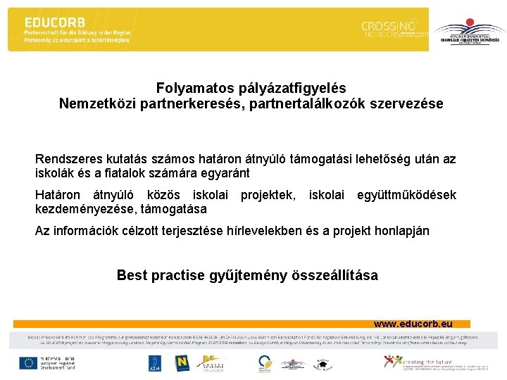 Folyamatos pályázatfigyelés Nemzetközi partnerkeresés, partnertalálkozók szervezése Rendszeres kutatás számos határon átnyúló támogatási lehetőség után Folyamatos pályázatfigyelés Nemzetközi partnerkeresés, partnertalálkozók szervezése Rendszeres kutatás számos határon átnyúló támogatási lehetőség után