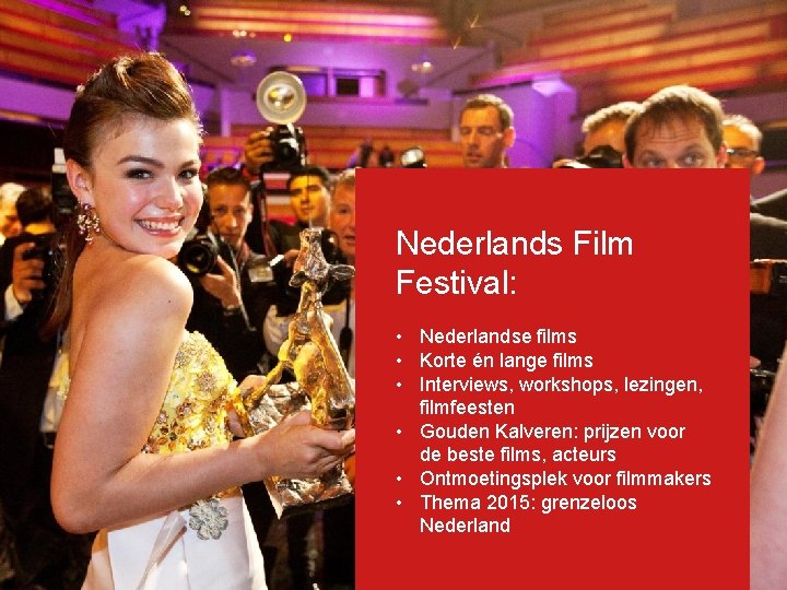 Nederlands Film Festival: • Nederlandse films • Korte én lange films • Interviews, workshops,